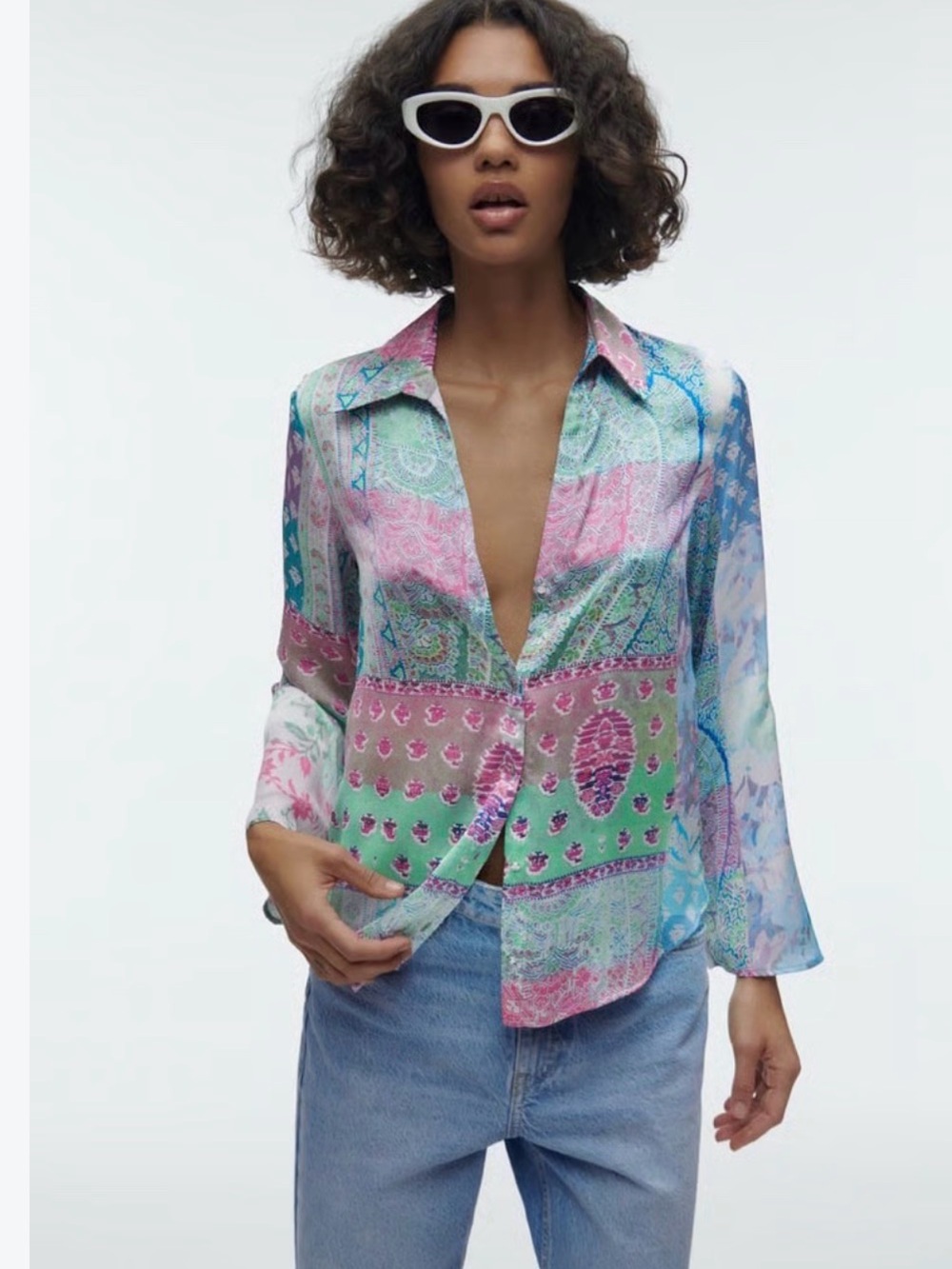 Zara Pink, Green & Cream Patchwork Button-Down Shirt
